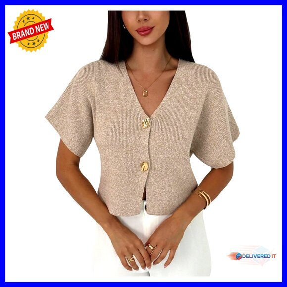 Sweaters - Short Sleeve Cardigan Sweater V Neck Slim Fit Elegant Office Chic Knit Top